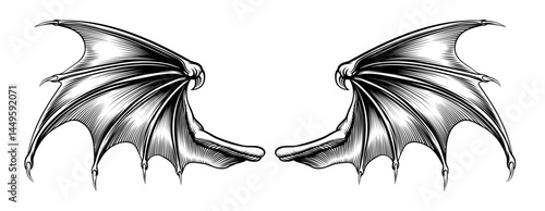 A pair of spread bat dragon, devil, vampire or demon wings drawing in a vintage retro woodcut style