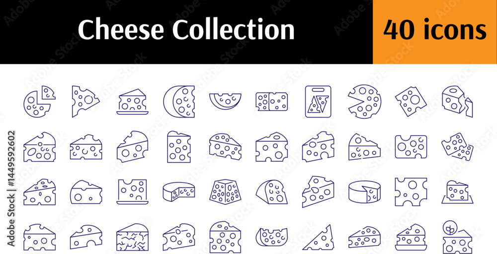 Fototapeta Pack of Line Icons of Cheese. Minimalistic Linear Pictogram for Web and Graphic Design, Apps, Banners, Social Network and Cards