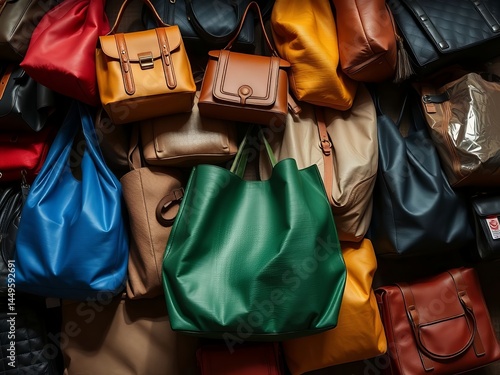 an image of a pile of bags and purses on a table, there is a lot of bags that are all different colors