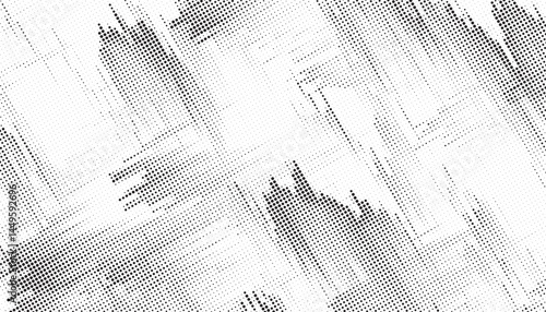 Abstract halftone dots. Spotted and dotted stains gradient background. Abstract comic texture with fading effect. Black and white rough gritty wallpaper. Grunge monochrome geometric backdrop. 