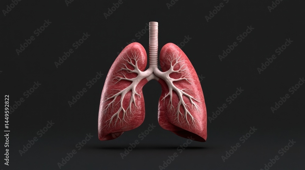 Human Lungs: Anatomy 3D Model, Respiratory System, Healthcare, Medical Illustration, Internal Organ, Bronchi, Alveoli, Pulmonary, Red, Dark Background Human Lungs: Anatomy 3D Model, Respiratory System, Healthcare, Medical Illustration, Internal Organ, Bronchi, Alveoli, Pulmonary, Red, Dark Background