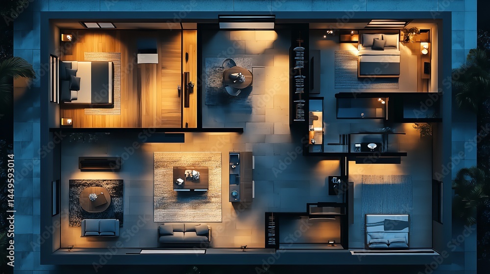 Modern Apartment Night Top View Luxury Home Design Interior Plan 3d real room cozy warm dark house Modern Apartment Night Top View Luxury Home Design Interior Plan 3d real room cozy warm dark house