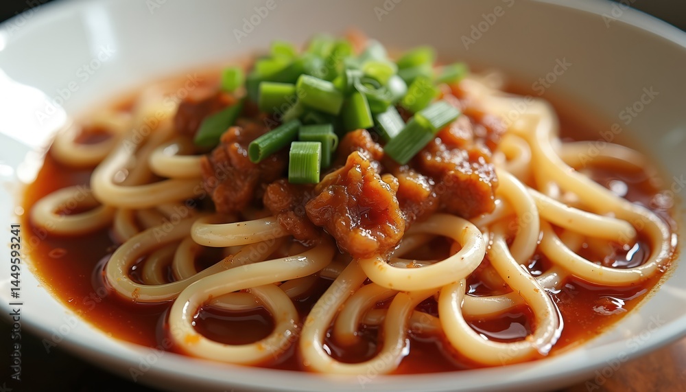 Appetizing noodles with rich, savory soy bean paste sauce, minced meat with fresh scallions. Classic Chinese dish. Plate placed on table, food photography.