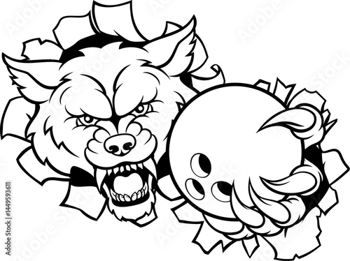 A wolf angry animal sports mascot holding a ten pin bowling ball and breaking through the background with its claws