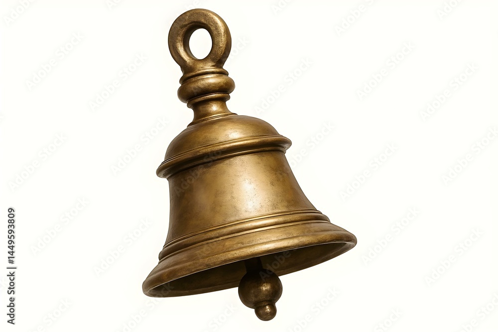 A traditional brass bell with a rounded shape and a loop on top for hanging. Concept Brass Bell Design, Rounded Shape, Hanging Loop Feature, Traditional Craftsmanship, Decorative Home Accent