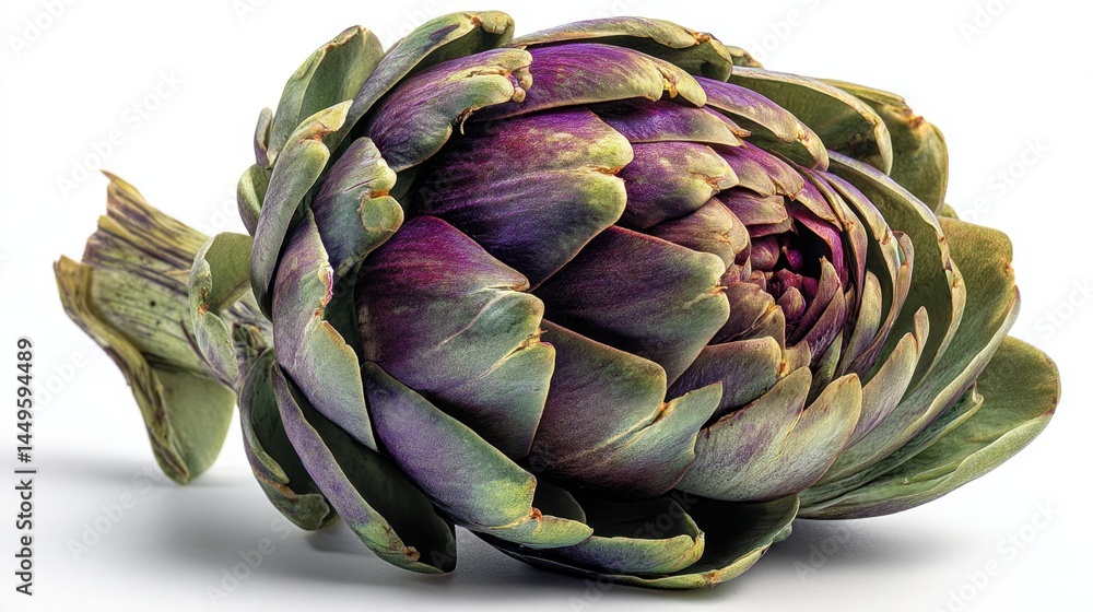 Fototapeta premium Artichoke and Asparagus Month. Close-up of fresh raw purple artichoke on white background