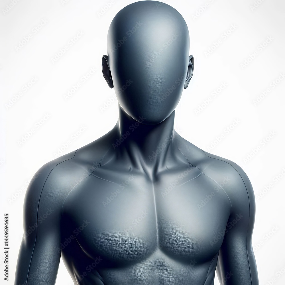 Sleek futuristic human form with faceless head and defined musculature against a bright white Sleek futuristic human form with faceless head and defined musculature against a bright white