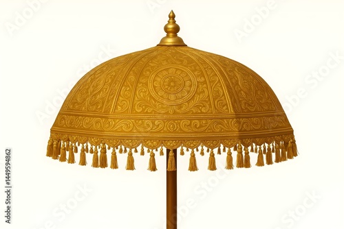 A decorative golden umbrella with intricate patterns and tassels, often used in ceremonial contexts or as a symbol of royalty. Concept Golden Umbrella Design, Ceremonial Symbolism