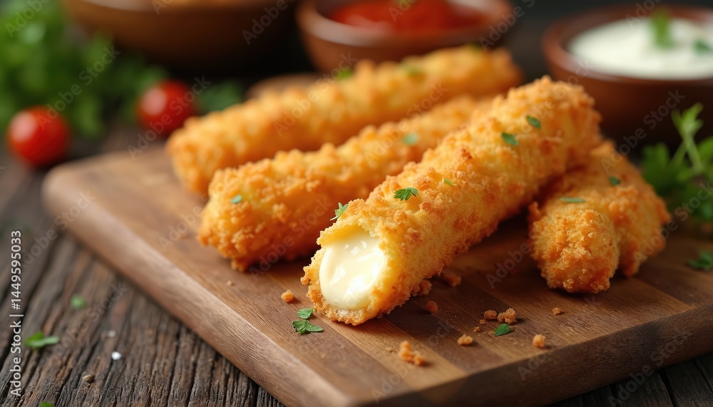 Close-up of breaded cheese sticks on wooden board with sauce. Golden, crispy fried mozzarella sticks with melted cheese inside. Restaurant food. Snack, appetizer, dinner meal.