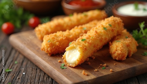 Close-up of breaded cheese sticks on wooden board with sauce. Golden, crispy fried mozzarella sticks with melted cheese inside. Restaurant food. Snack, appetizer, dinner meal.