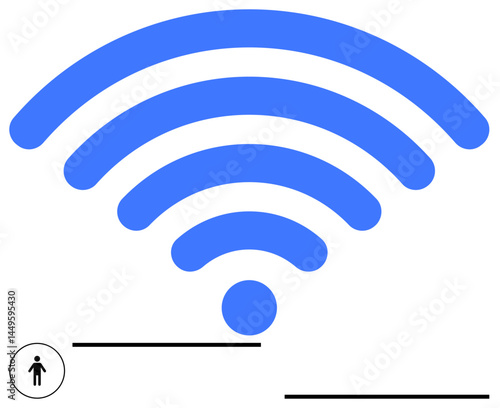 Large blue wireless signal icon with a small human figure at its base, illustrating connection, communication, technology reliance, digital access, global reach, networks, and innovation. Ideal
