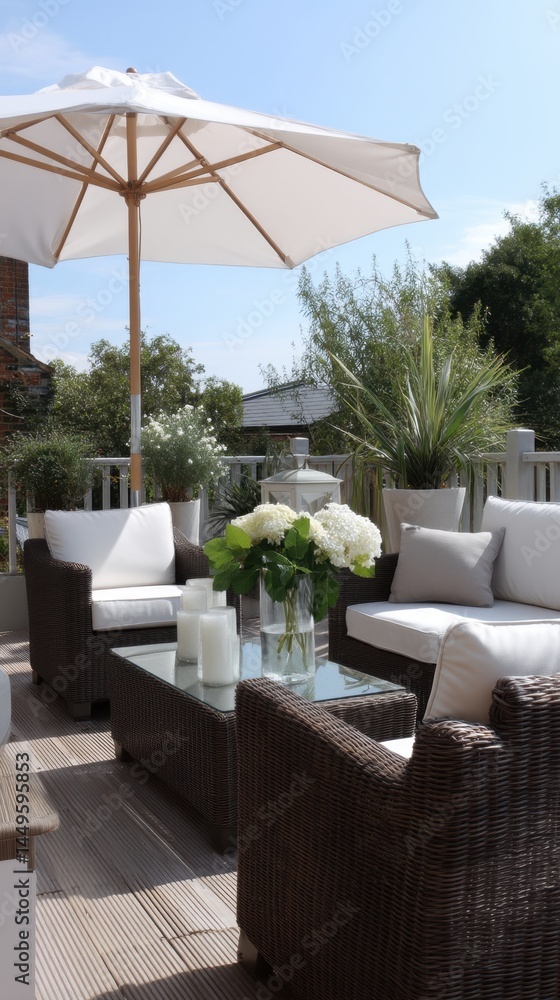 Obraz premium Elegant outdoor patio with white furniture and umbrella in garden setting