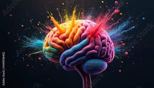 Obraz na płótnie Colorful brain illustration, representing creative explosion, intellect, knowledge. Mind blown, idea, science, AI generated art, creativity concept. Psychology, medical themes, education, inspiration w salonie