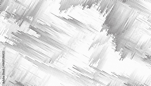 Abstract halftone dots. Spotted and dotted stains gradient background. Abstract comic texture with fading effect. Black and white rough gritty wallpaper. Grunge monochrome geometric backdrop. 