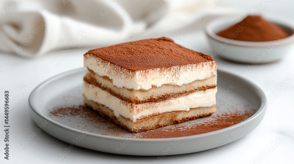 Deliciously Layered Tiramisu Dessert with Cocoa Powder on a Saucer Deliciously Layered Tiramisu Dessert with Cocoa Powder on a Saucer