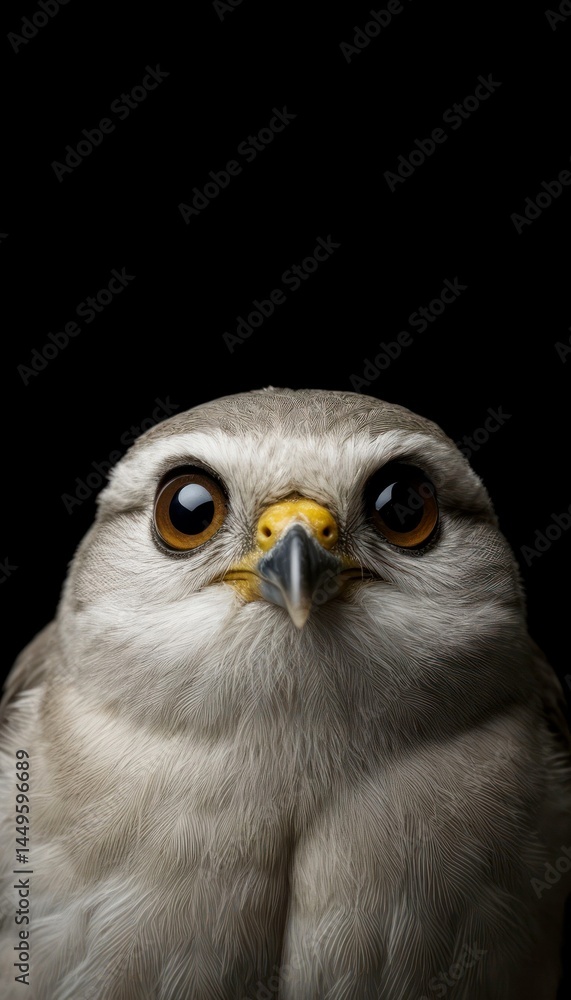 Fototapeta premium Close-up portrait of a falcon with large eyes and detailed feathers against a black background