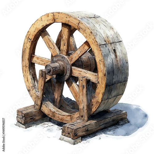 watercolor of Old Wooden Spinning Wheel, vector, isolated on a white background.