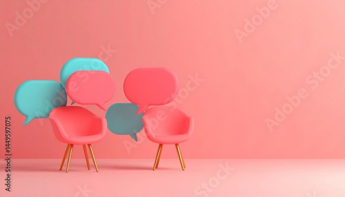Creative conversation area with colorful chairs and speech bubbles studio digital art bright environment