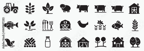 Farm Animals and Agriculture Icons Black Glyph Set
