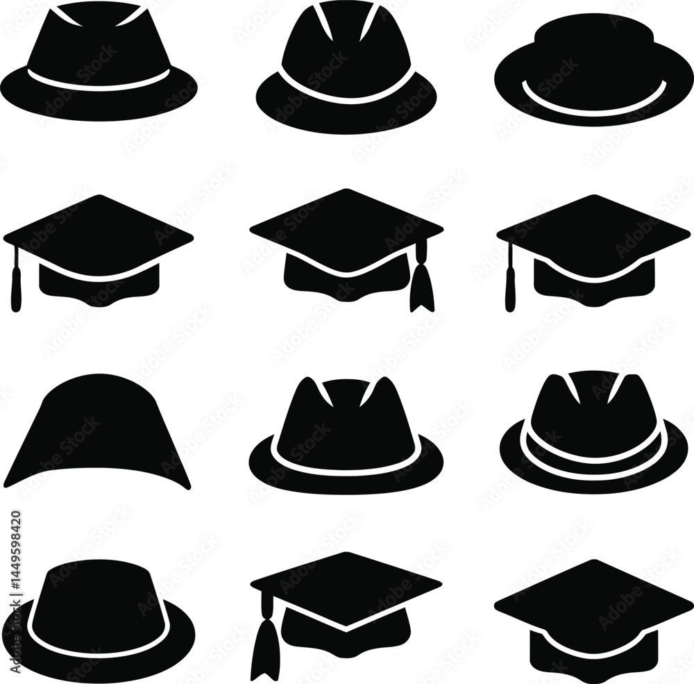 hat and graduation cap icon set over white background, silhouette style, vector illustration hat and graduation cap icon set over white background, silhouette style, vector illustration