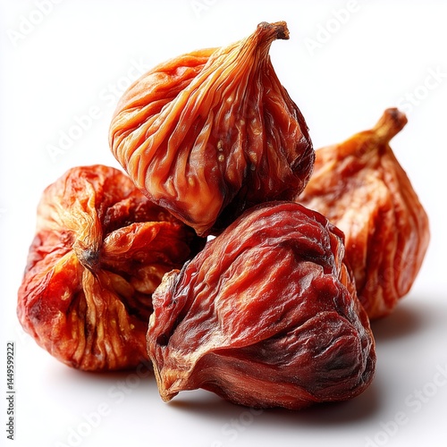 Dried fig on a white background, showcasing its deep purple-brown color and rich, chewy texture.