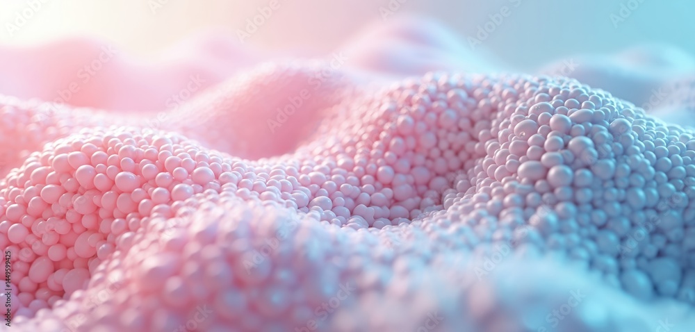 Illustration of molecular geometry with flowing patterns, amino acid model concept. Visual art presents protein structure. Smooth gradient shapes. Abstract design with vibrant colors, soft textures.