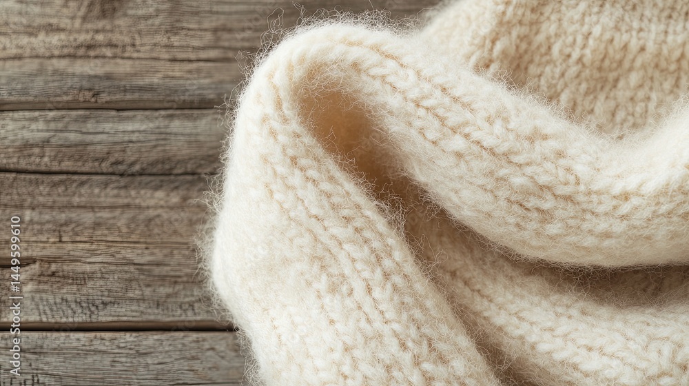 Fototapeta premium Close-up of warm wool fabric, showing its thick, fuzzy texture and natural cream color, with visible fibers and a cozy feel, placed on a rustic wooden background