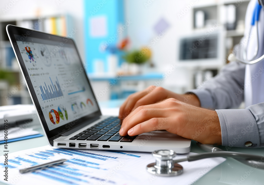 Fototapeta premium Data Analysis on Laptop: Hands Typing with Business Analytics Charts