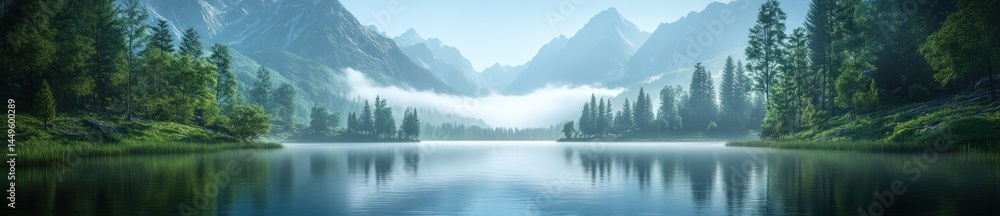 Fototapeta premium Misty mountain lake, serene reflection, tranquil forest