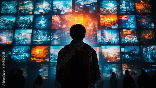 Wallpaper Mural Person gazing at a digital art display. A visitor stands mesmerized in front of a vibrant digital art installation showcasing various cityscapes at night. Torontodigital.ca