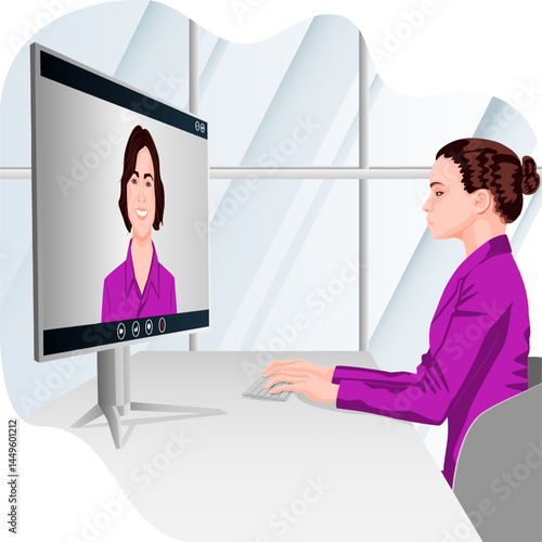 Businesswoman on video call with stakeholder Business talk, growth strategies, and confidence in every decision. Flat vector illustration.