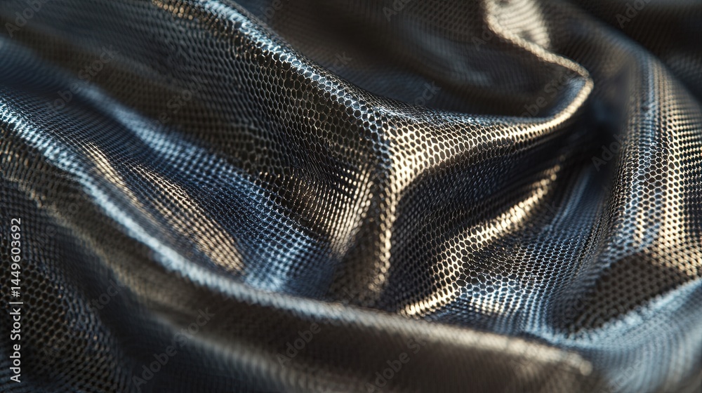 Naklejka premium High-resolution close-up of reflective fabric, showcasing its silver surface that reflects light, with a futuristic look, placed on a dark background