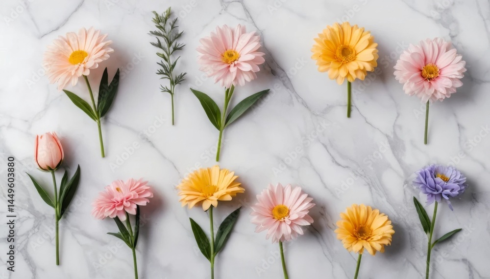 Fototapeta premium Pastel Flowers Arranged on Marble Background Gerbera Daisies Tulips and Aster