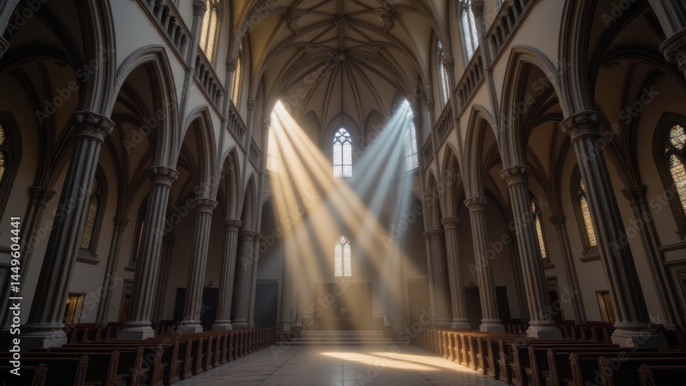 Fototapeta premium Sunlight Streaming Through Gothic Church Windows: Interior Architecture & Religious Space