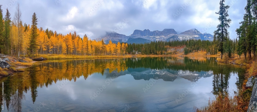 Fototapeta premium A serene alpine lake reflecting autumnal trees and mountains under a cloudy sky.