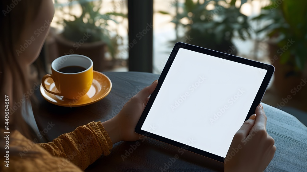 Woman Using Tablet with Blank Screen Coffee Shop Woman Using Tablet with Blank Screen Coffee Shop