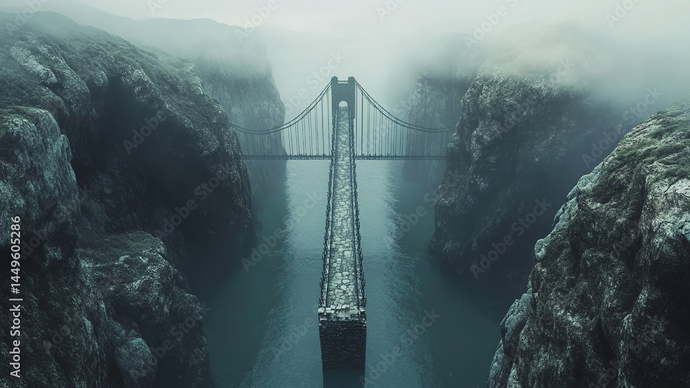Fototapeta premium bridge in the middle of a rock cliff with trees and water below 7