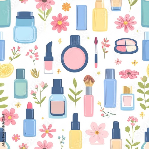 Cosmetics seamless pattern presents a vector set of beauty and makeup icons, including lipstick, perfume bottle, and nail care symbols in a seamless design
