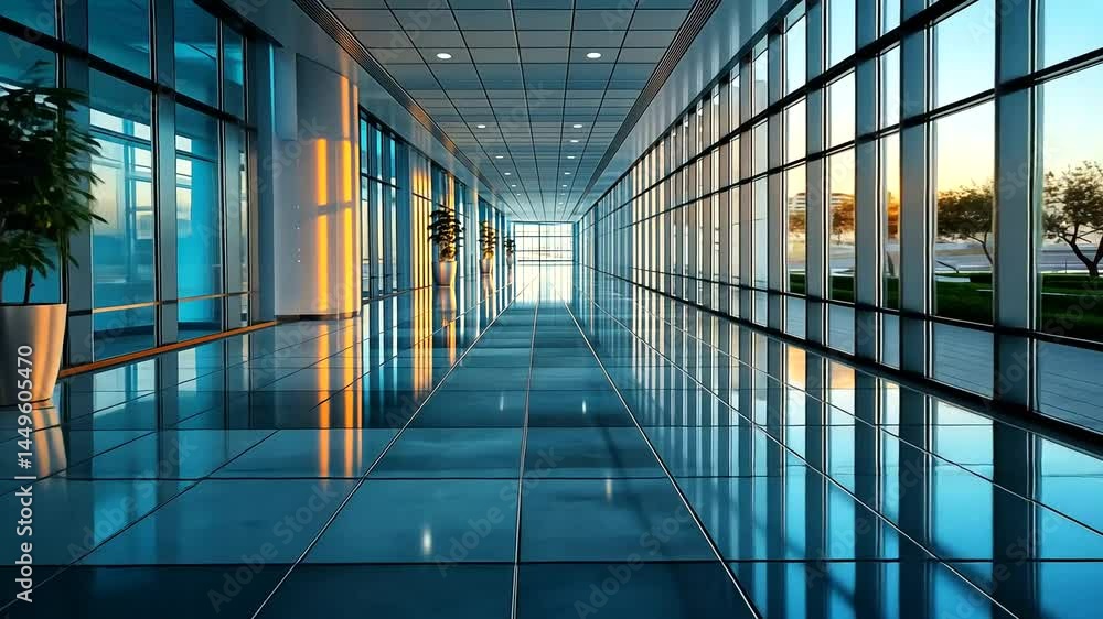 Modern office hallway with glass walls and sunlight. Modern office hallway with glass walls and sunlight.