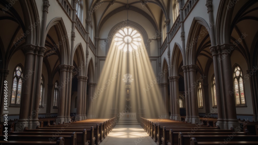 Sunlit Gothic Cathedral Interior with Stained Glass Rose Window and Empty Wooden Pews Sunlit Gothic Cathedral Interior with Stained Glass Rose Window and Empty Wooden Pews
