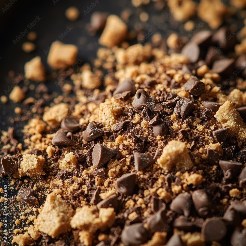 Close-up view of a mixture of crushed cookies and chocolate chips.
