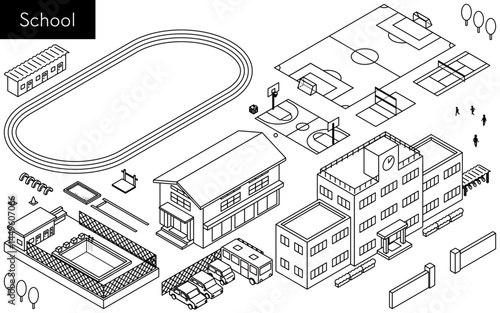 Isometric illustration set of simple line drawings for school buildings, playgrounds, and sports facilities