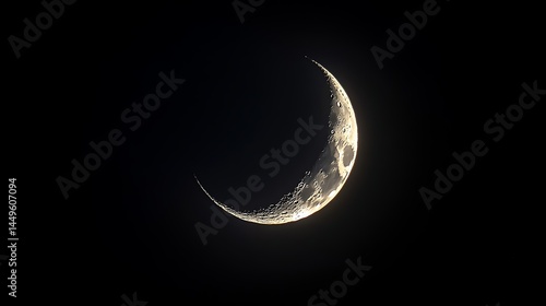 Shimmering crescent moon gently illuminating the dark sky surrounded by faint cosmic light