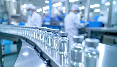 Vaccine production process pharmaceutical manufacturing facility industrial photography cleanroom environment close-up view biotechnology advancements