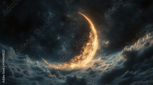 Crescent moon gently glowing in the vast dark sky creating a peaceful cosmic effect