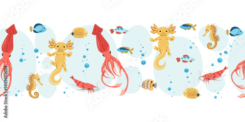Seamless Horizontal Border with Squid, Bubbles and Axolotl in Flat Style. Underwater Pattern for Fabric, Wallpaper and Stationery. Repeatable Vector Illustration.