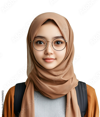 A young, smart female teen or student of Malay or Indonesian descent wearing a hijab or head scarf and glasses, carrying a backpack, isolated on a transparent background, cut out