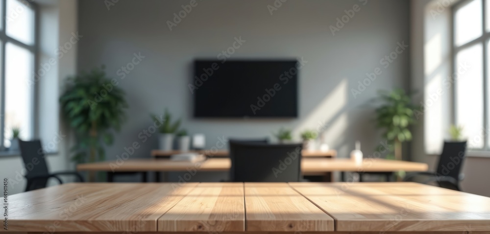 Empty wooden table with office room background. Conference table for product placement or mockup. Clean office interior with plants. Sunlight, bright space, meeting room. Modern business design.