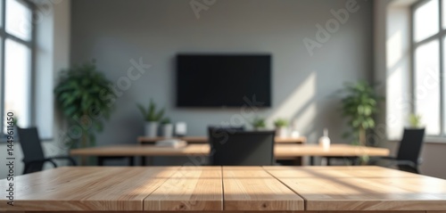 Obraz na płótnie Empty wooden table with office room background. Conference table for product placement or mockup. Clean office interior with plants. Sunlight, bright space, meeting room. Modern business design. w salonie