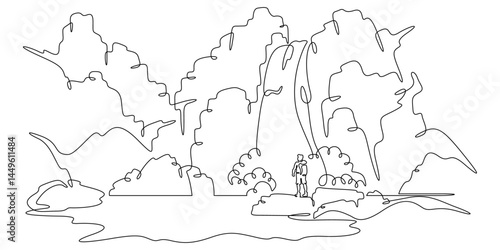 Continuous one line drawing a tourist stands at the foot of a waterfall. A traveler with a backpack. A man stands on a stone. A mountain waterfall.One continuous line isolated minimal illustration. 